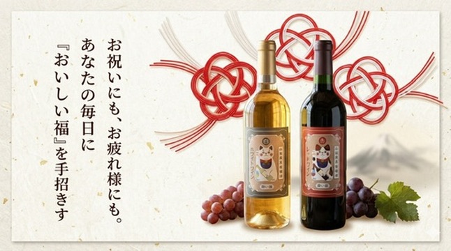 招き猫の葡萄酒　紅白2本セット（岩崎醸造）720mlx2 箱入